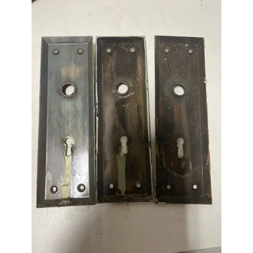 Lot of 3 Vintage Antique White Door Metal Backplates Escutcheon Chippy Paint
